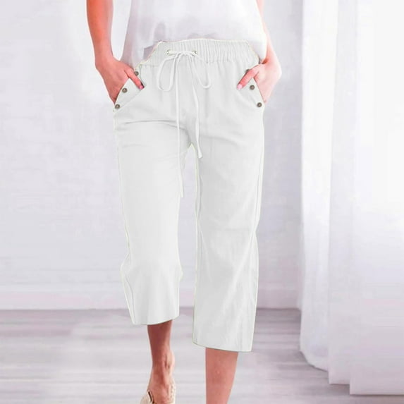 SNKSDGM Women's Plus Plus Size Pants for Women Work Casual Womens Linen Pants Tall Women's Solid Color Linen Blend 7/8 Pants Loose Fit Casual Trousers with Pockets