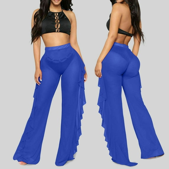 SNKSDGM Women's Plus Plus Size Summer Pants for Women Women's Pants Black Women Mesh Ruffle Trim Cover up Pants Beach Cover up Wrap Bikini Shiny Wraps Cover Ups for Swimwear Pants