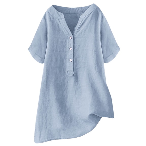 SNKSDGM Women's Plus Plus Size Tops for Women Dressy Black Casual Tops for Women Long Sleeve V Neck Loose Fit Solid Color Linen Casual Short Sleeve Button Top for Women Xxxl