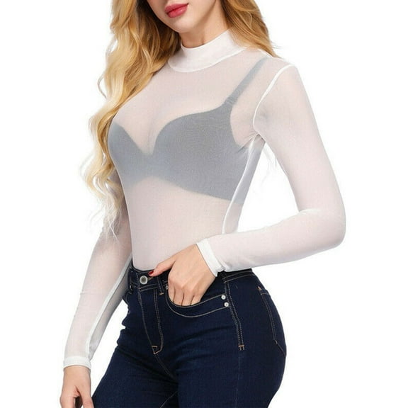 SNKSDGM Women's Plus Plus Size Tops for Women Long Sleeve Going out T Shirts for Women Graphic Womens Long Sleeve High Neck Arm Top Sheer Mesh Yoke Casual Blouse Shirt Xl