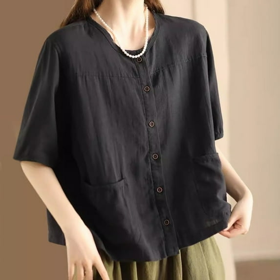 SNKSDGM Women's Plus Plus Size Tops for Women White Beach Vacation Clothes for Women Plus Size 3X Vintage Linen Cardigan Shirt for Women Short Sleeve Button Up Top with Pocket Casual Style L