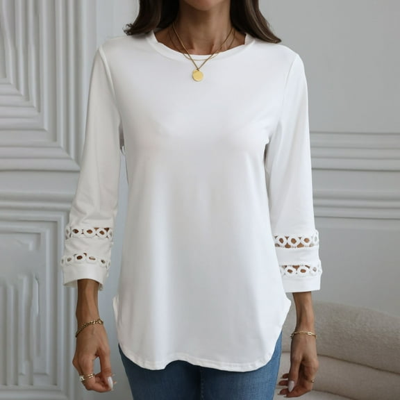 SNKSDGM Women's Plus Shirts for Women Dressy Casual Long Sleeve Womens Tops Short Sleeve 3/4 Length Sleeve Womens Tops Crewneck Lace Tunic Business Casual Dressy Blouses Spring Trendy Clothes S