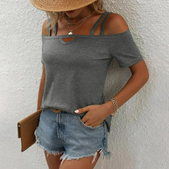 SNKSDGM Women's Plus Short Sleeve Shirts for Women Plus Size Pack Business Casual Tops for Women Plus Size Women's Solid Color Short Sleeve Double Strap off Shoulder Top L