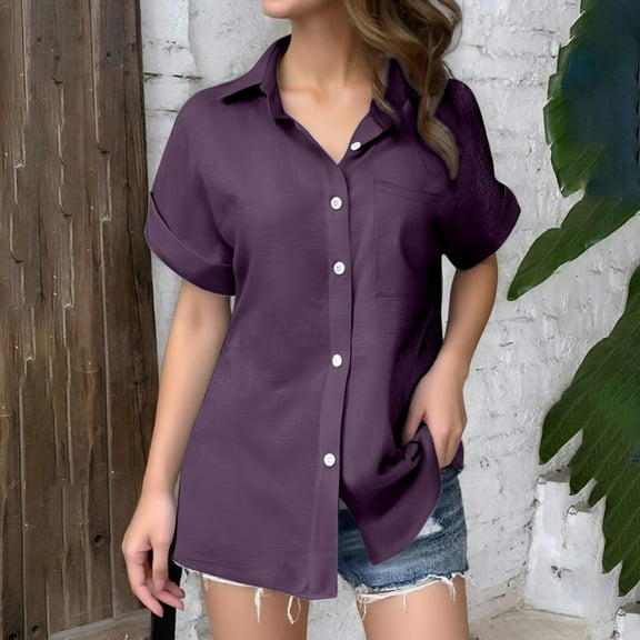 SNKSDGM Women's Plus Short Sleeve Shirts for Women Working Tops for Women Summer Women's Solid Color Linen Short Sleeve Casual Loose Shirt Xxl