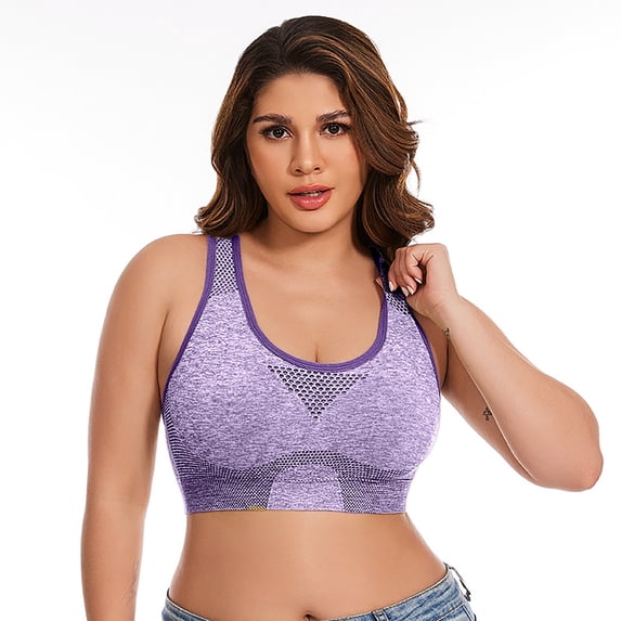 SNKSDGM Women's Plus Size Breathable Sports Bra, Seamless Racerback Bralette, Mesh Hollow Out Wire-Free Bras Purple XL