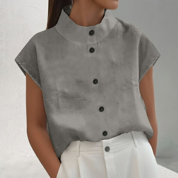 SNKSDGM Women's Plus Spring Tops for Women 2025 Trendy Work off the Shoulder Tops for Women Plus Size Sweater Women's Solid Color Summer Button Pullover Slim Fit Sleeveless Stand Shirt Top Vest L