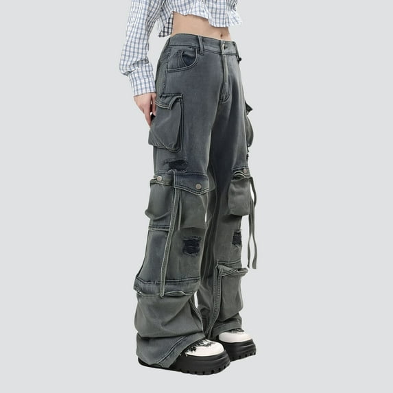 SNKSDGM Women's Plus Summer Pants for Women 2025 Vacation Capri Pants for Women Stretch Dressy Women’S Baggy Jeans Cargo Jeans Casual High Waist Baggy Denim Cargo Pants with Pockets Streetwear
