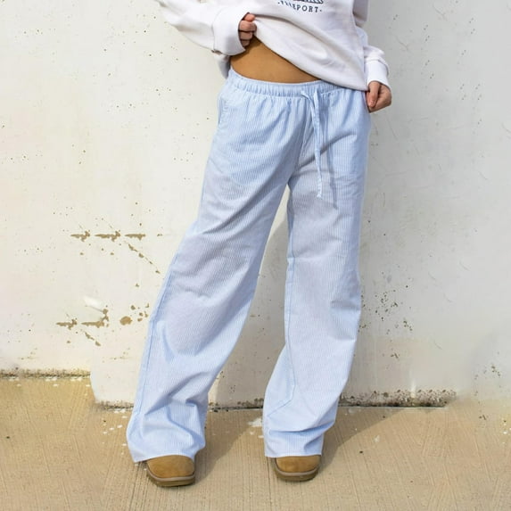 SNKSDGM Women's Plus Summer Pants for Women Petite Black Dress Pants Women Work Striped Pants for Women Elastic Drawstring High Waist Wide Leg Pants Vintage Streetwear Trousers