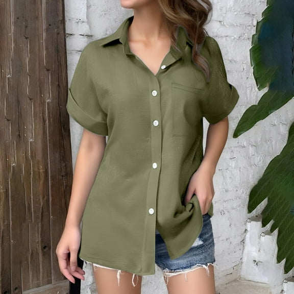 SNKSDGM Women's Plus Summer Tops Plus Size Cotton Tops for Women Summer Women's Solid Color Linen Short Sleeve Casual Loose Shirt S