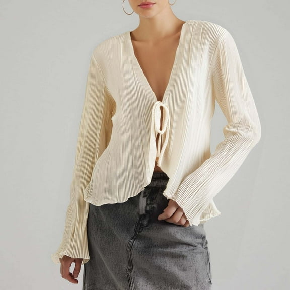 SNKSDGM Women's Plus Summer Tops with Sleeves for Women Compression Tops for Women Workout Women's Summer Stylish Fitted Flare Long Sleeve Pleated French Shirt Blouse for Trendy Casual Wear M