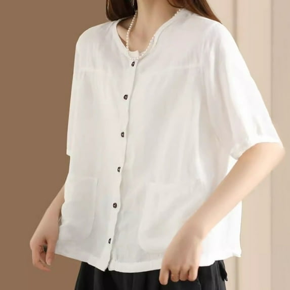 SNKSDGM Women's Plus Summer Tops for Women Plus Size Beach Vacation Clothes for Women Plus Size 3X Vintage Linen Cardigan Shirt for Women Short Sleeve Button Up Top with Pocket Casual Style Xxxl