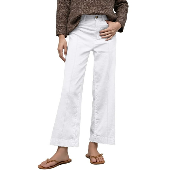 SNKSDGM Women's Plus White Linen Pants Women Low Rise Dress Pants Women High Waisted Petite Linen Pants Women High Waisted Flare Wide Leg Capri Work Pants Business Casual Ankle Pants with Pockets M