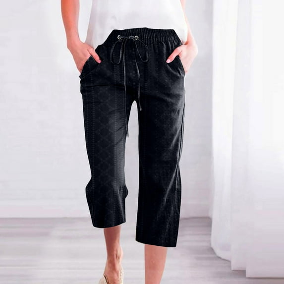 SNKSDGM Women's Plus White Linen Pants Women Plus Size Pants for Women Work Casual Cropped Women Casual Embroidery Eyelet Elastic Drawstring Capri Pants Fashion Solid Color Capri Leggings with Pocket