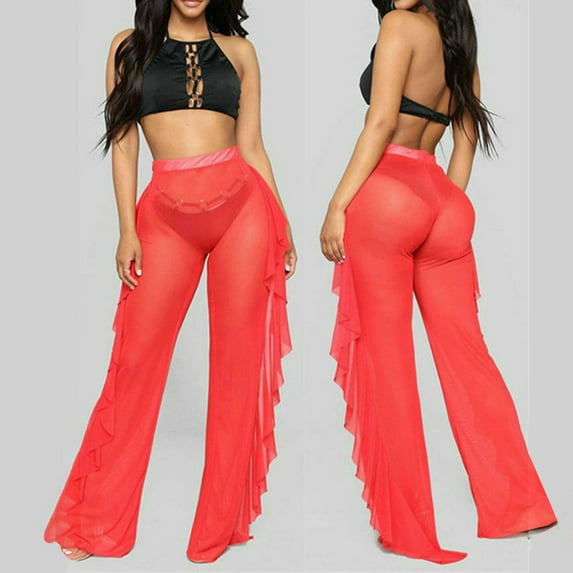 SNKSDGM Women's Plus Wide Leg Pants Woman Set Women's Pants Black Women Mesh Ruffle Trim Cover up Pants Beach Cover up Wrap Bikini Shiny Wraps Cover Ups for Swimwear Pants
