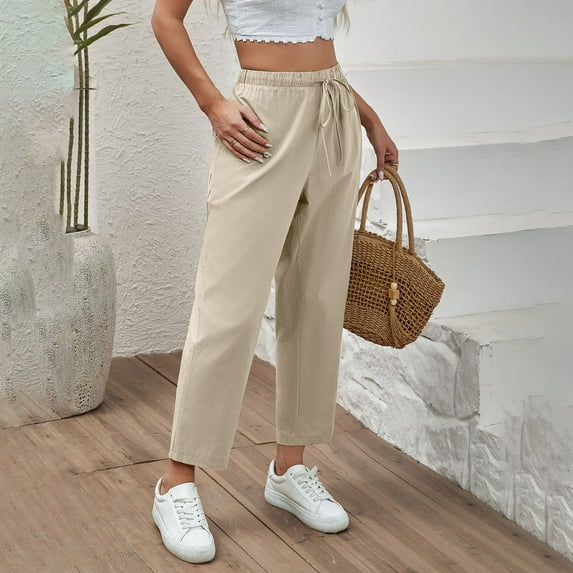 SNKSDGM Women's Plus Wide Leg Pants Women Dressy Dress Pants Women Petite Short Spring 2025 Drawstring Elastic Casual Cropped Pants for Women's Clothing New Solid Color