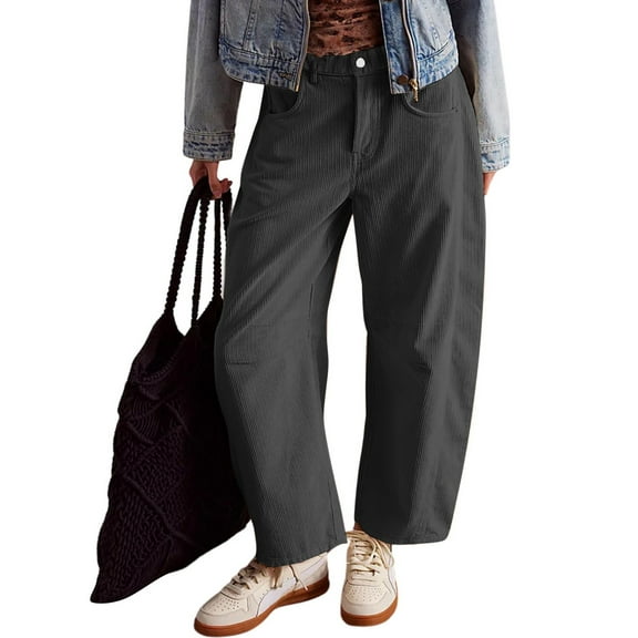 SNKSDGM Women's Plus Wide Leg Pants Women Petite Length Wide Leg Pants Women Casual Women's Corduroy Pants Barrel Mid Rise Elastic Waist Cord Pants Casual Wide Leg Baggy Trouser with Pockets