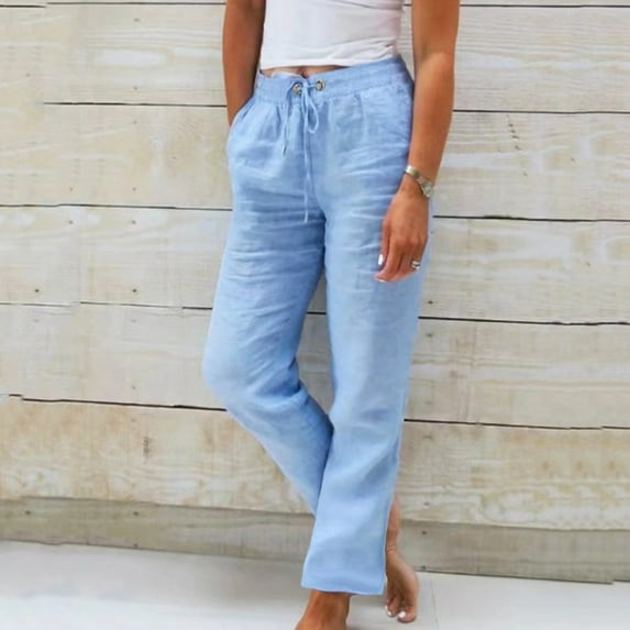 SNKSDGM Women's Plus Women Linen Pants Petite Length Women's Pants Casual Jeans Women Solid Casual Pocket Wide Leg Pants Belt Elastic Waist Button Loose Pants