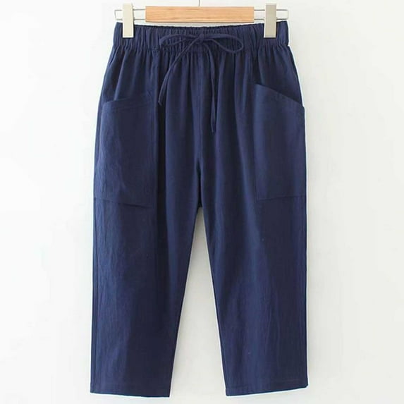 SNKSDGM Women's Plus Women Linen Pants Xs Summer Pants for Women 2025 Plus Size Womens Trousers Waist Loose Pocket Elastic Pants Three Quarter Pants Xxxxl