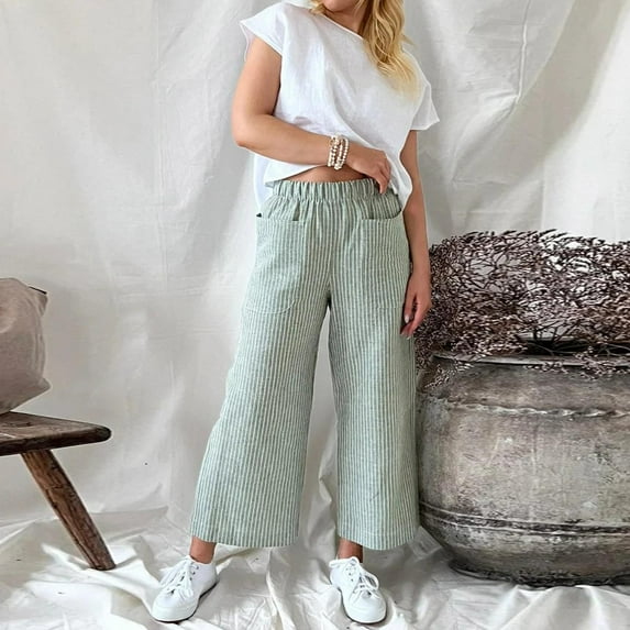SNKSDGM Women's Plus Women's Pants Black Jeans Womens Dress Pants Straight Leg Short Loose Striped Linen Pocket Trousers for Women