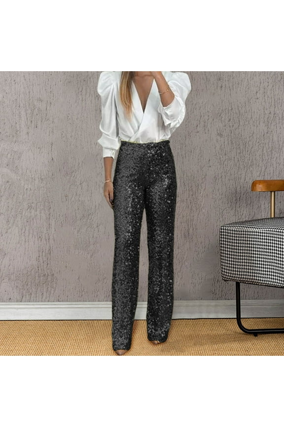 Women's Plus Women's Pants Cargo Pants Women Petite Women's Party Sequin Elastic Waist Slim Fit Elastic Flare Pants Fashion Solid Color Pants