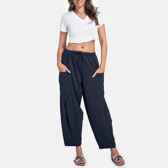 SNKSDGM Women's Plus Women's Pants Casual Petite Women's Pants for Work Stretch Women's Summer Solid Color Wide Leg Loose Drawstring Low Waist Beach Pants Pocket Casual Pants