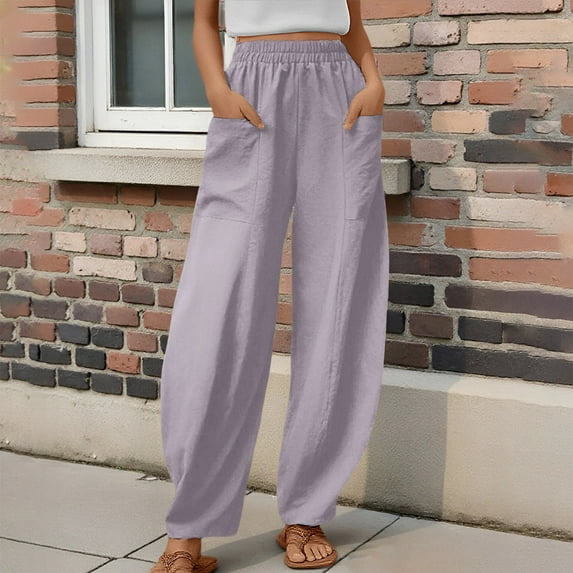 SNKSDGM Women's Plus Women's Pants Petite Jeans Womens Linen Pants Long Length Tall 34 Inseam Womens Solid Color Casual Pants Trousers Elastic Waist Pockets Wide Leg Trousers L