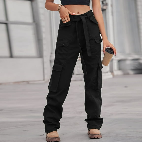 SNKSDGM Women's Plus Women's Pants Suit for Wedding Wide Leg Pants Women Stretchy Women Vintage Cargo Pants Baggy Jeans Fashion 90S Streetwear Pockets Wide Leg High Waist Straight Trousers Overalls