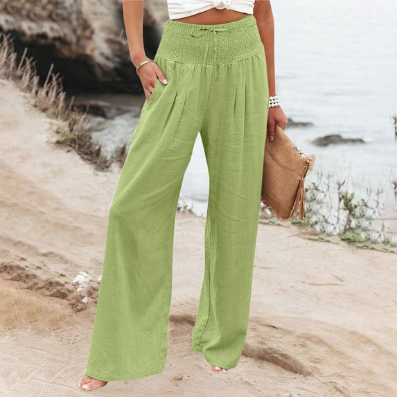 SNKSDGM Women's Plus Women's Pants for Work Business Casual Womens Dress Pants Plus Size Petite High Waist Wide Leg Palazzo Pants for Women Smocked Elastic Waist Loose Comfy Casual Pants Pockets