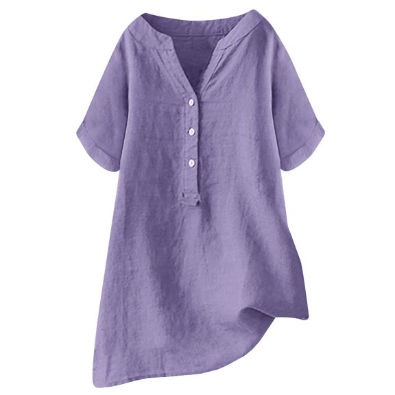 SNKSDGM Women's Plus Women's Tops Casual Long Sleeve Casual Tops for Women Long Sleeve V Neck Loose Fit Solid Color Linen Casual Short Sleeve Button Top for Women M