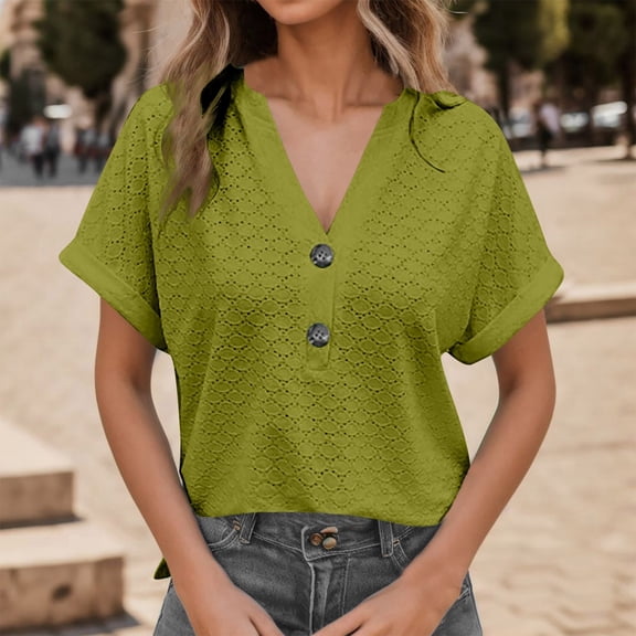 SNKSDGM Women's Plus Women's Tops Short Sleeve Women's Summer Short Sleeve V Neck Button Down Blouse Stylish Jacquard Loose Fit Casual Tops for Comfort and Fashion Xxxl