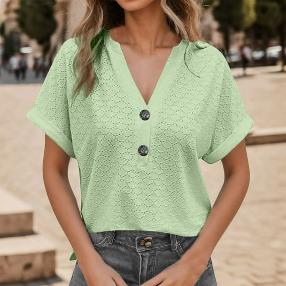 SNKSDGM Women's Plus Women's Tops Short Sleeve Women's Summer Short Sleeve V Neck Button Down Blouse Stylish Jacquard Loose Fit Casual Tops for Comfort and Fashion Xxxl
