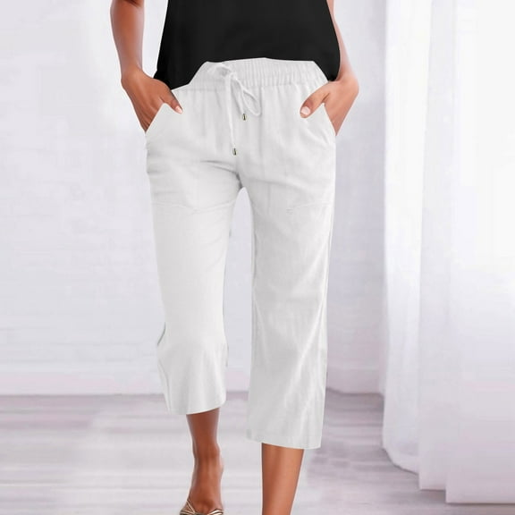 SNKSDGM Women's Plus Womens Capri Pants Blue Black Dress Pants Women High Waisted Wide Leg Women's Solid Color Linen Casual 3/4 Pants with Pockets and Drawstring Waist Xl