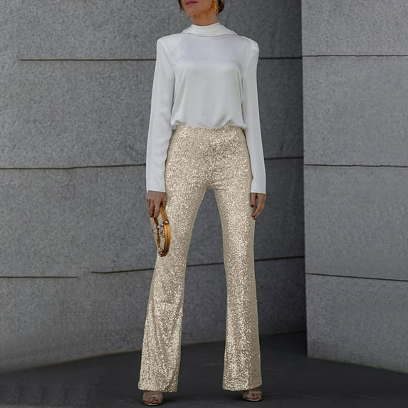 SNKSDGM Women's Plus Womens Capri Pants Casual Linen Pants Women Tall Wide Leg Women's Party Sequin Elastic Waist Slim Fit Elastic Flare Pants Fashion Solid Color Pants