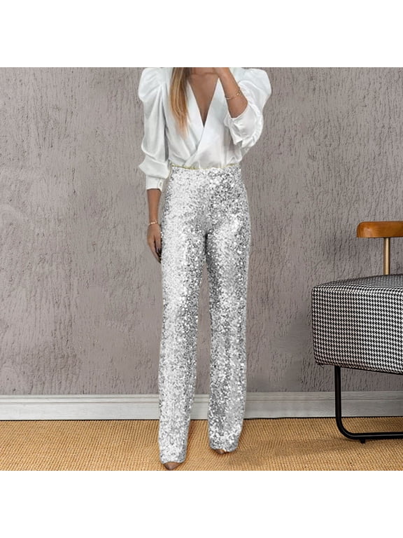 Women's Plus Womens Capri Pants Elastic Waist Womens Dress Pants Petite Short Length Women's Party Sequin Elastic Waist Slim Fit Elastic Flare Pants Fashion Solid Color Pants