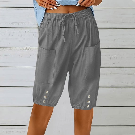 SNKSDGM Women's Plus Womens Capri Pants Petite Length Work Pants Women Stretch Long Women's New Loose Fitting High Waisted Casual Pants with A Five Point Bottom Button