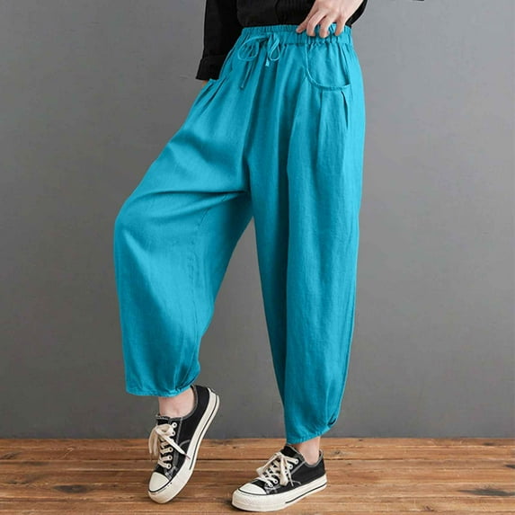 SNKSDGM Women's Plus Womens Dress Pants High Waisted Straight Leg Pants for Women Trendy Summer Women Solid Retro Lace up Elastic Waist Loose Carrot Pants