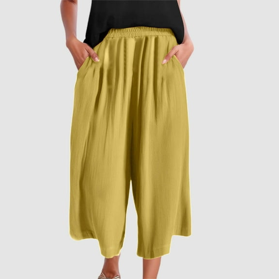 SNKSDGM Women's Plus Womens Dress Pants Petite Womens Summer Pants Summer Women's Casual Linen Wide Leg Pants Solid Color Elastic Waist Point Trousers L