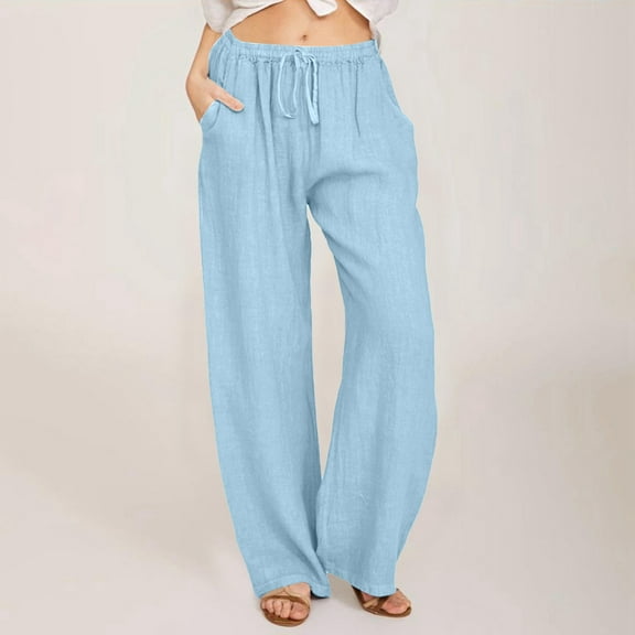 SNKSDGM Women's Plus Womens Dress Pants Summer Pants for Women 2025 Vacation Plus Wide Pants Waist Long Drawstring Casual Linen Elastic Women Leg Solid Pants