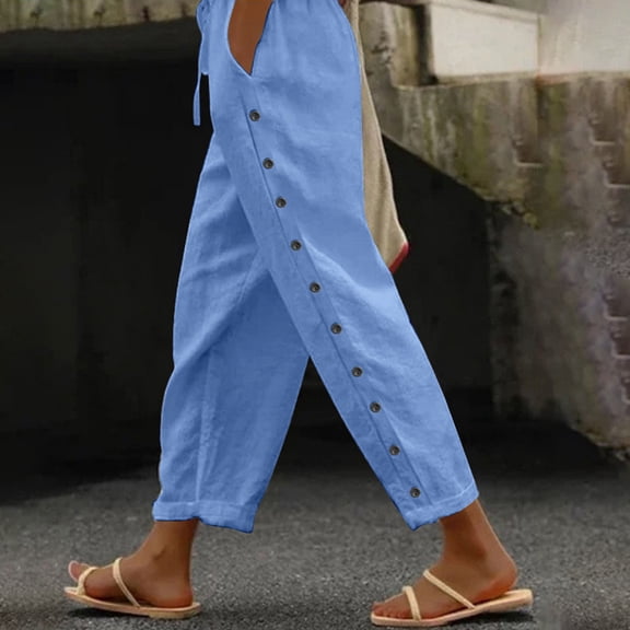 SNKSDGM Women's Plus Womens Dress Pants Wide Leg Short Trousers Pants for Women Petite Short Women's Solid Color Elastic Waist Loose Side Button Decoration Versatile Nine Point Casual Pants