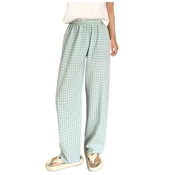 SNKSDGM Women's Plus Womens Dress Pants for Work Wide Leg Linen Pants Women Petite Short Women's Casual Plaid Print Elastic Waist Drawstring Pants Comfy Trousers