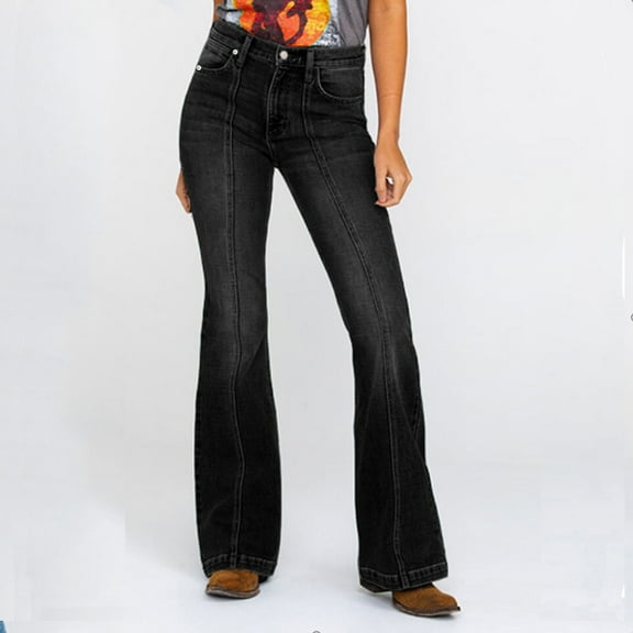 SNKSDGM Women's Plus Womens Linen Pants Long Dress Pants Women Wide Leg Goods Station Border European and Women's Jeans Spliced Thin Flared Jeans Denim Trousers