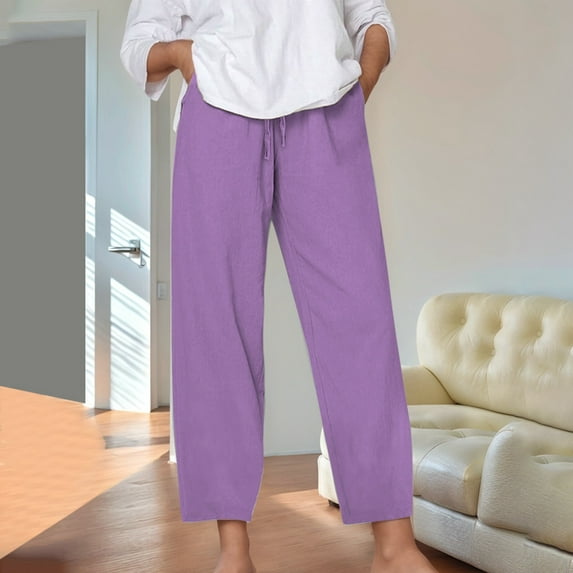 SNKSDGM Women's Plus Womens Linen Pants Long Length Cargo Pants Women Jeans Women's Solid Color Loose Comfort and Linen Drawstring Elastic Waist Pocket Straight Leg Trousers Casual Pants