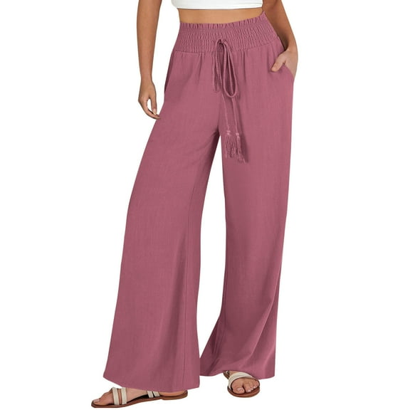 SNKSDGM Women's Plus Womens Linen Pants Suit Womens Sweatpants Wide Leg High Waisted Wide Leg Pants for Women Elastic Drawstring Waist Loose Casual Trousers Summer Beach Boho Resort Wear