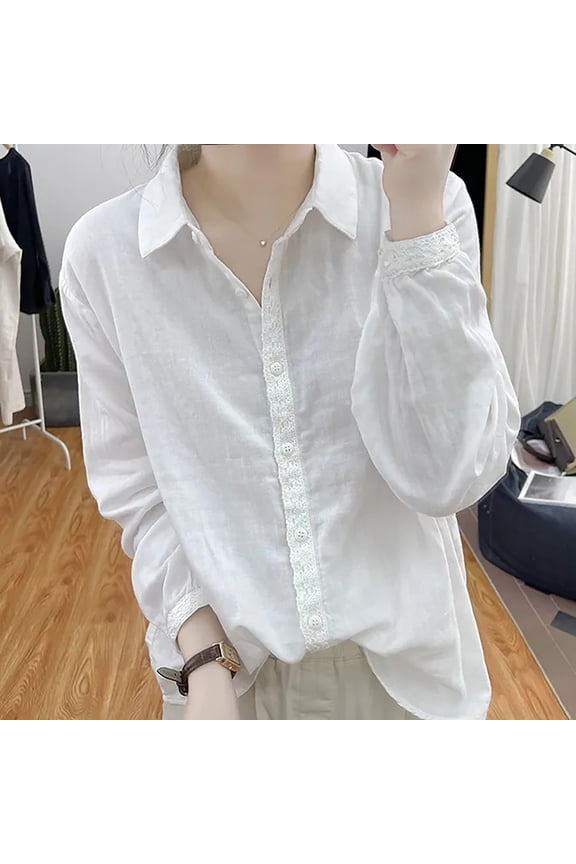 Women's Plus Womens Shirts Long Sleeve Dressy Casual Business Casual Tops for Women Short Sleeve Linen Lace Panel Long Sleeve Shirt for Women Loose Fit Vintage Layering Blouse Top L