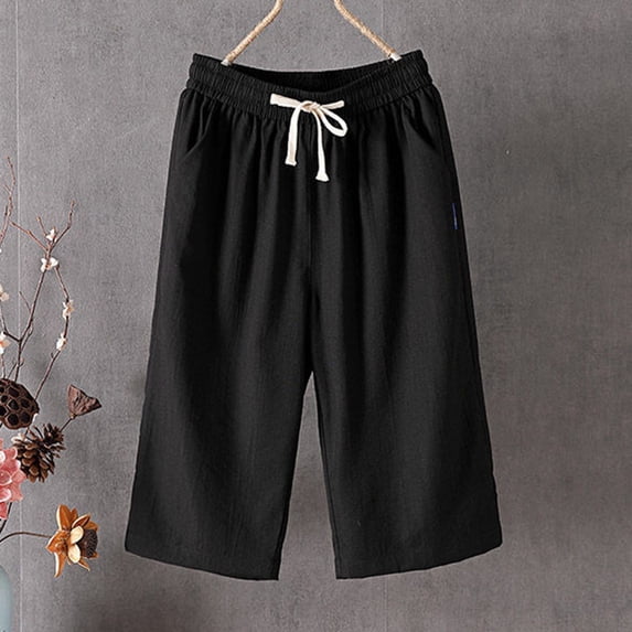 SNKSDGM Women's Plus Womens Summer Pants Lightweight Casual Plus Size Women's Pants for Work Stretch Women's Summer Solid Color Drawstring Pocket Versatile Elastic Waist Design Casual Cropped Pants