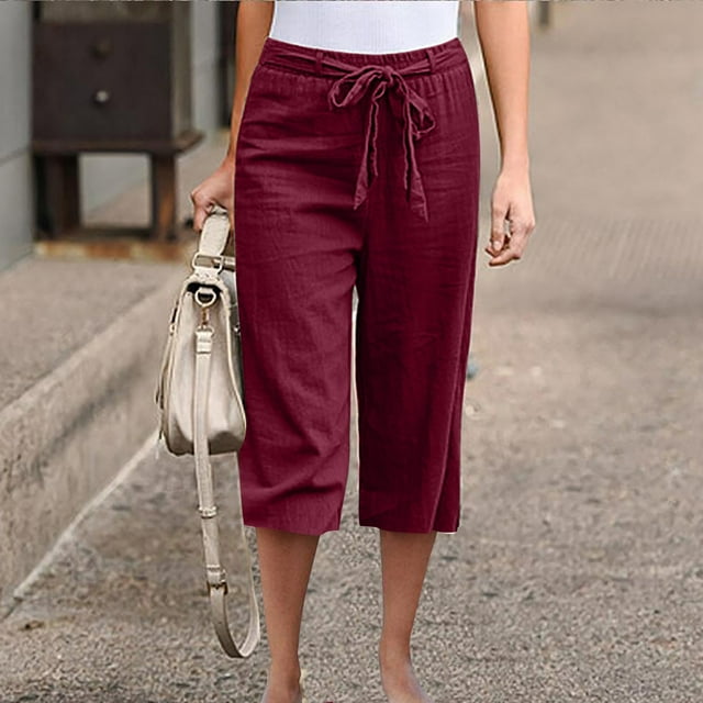 SNKSDGM Women's Plus Womens Summer Pants Lightweight Dressy Women's Pants Petite Jeans Women High Waisted Wide Leg Pants Drawstring Elastic Trousers Comfy Straight Leg Fashion Long Pants with Pockets