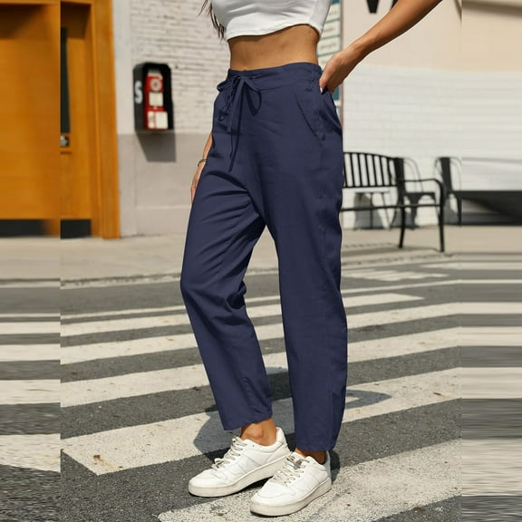 SNKSDGM Women's Plus Womens Summer Pants for Work Black Dress Pants Women High Waisted Slim Fit Women's Solid Linen Casual Pants with Drawstring Elastic Waist Slim Fit Tapered Long Trousers