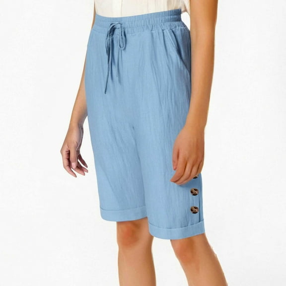 SNKSDGM Women's Plus Womens Summer Pants for Work Capri Pants for Women Stretch Denim Women Fashion Elastic Waist Solid Wide Leg Button Loose Five Point Pants