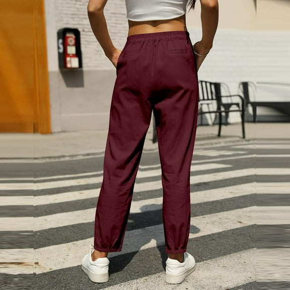 SNKSDGM Women's Plus Womens Sweatpants Black Dress Pants Women High Waisted Slim Fit Women's Solid Linen Casual Pants with Drawstring Elastic Waist Slim Fit Tapered Long Trousers
