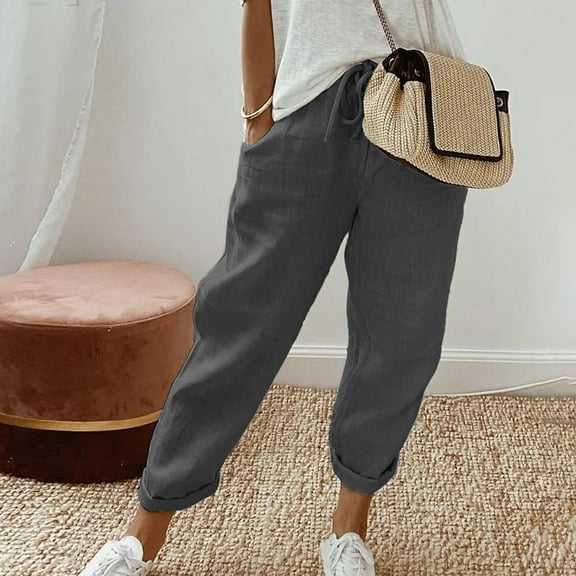 SNKSDGM Women's Plus Womens Sweatpants Pack with Pockets Linen Pants Women Plus Size Tall Women Fashion Print Casual Pocket Wide Leg Pants Elastic Waist Loose Ankle Length Trousers